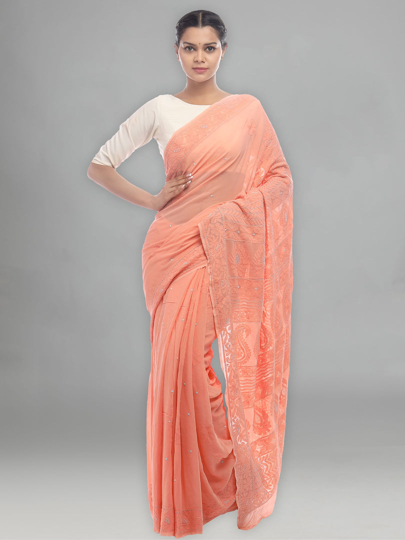 Seva Chikan Hand Embroidered Peach Viscose Georgette Lucknowi Chikan Saree-SCL2344