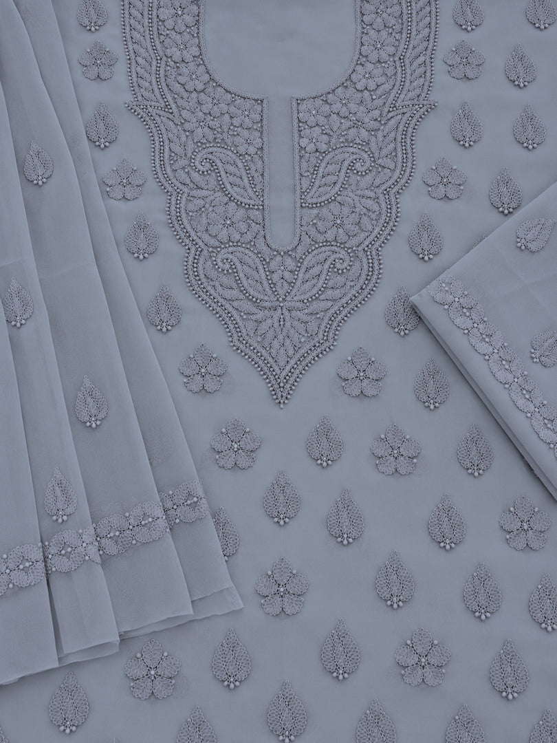 Seva Chikan Hand Embroidered Grey Georgette Lucknowi Chikankari Unstitched Suit Piece-SEV15035