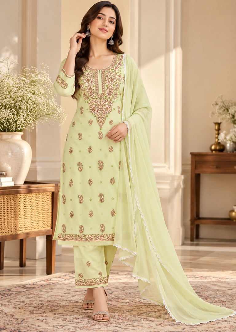 Seva Chikan Hand Embroidered Lemon Cotton Lucknowi Chikankari Unstitched Suit Piece-SEV15001