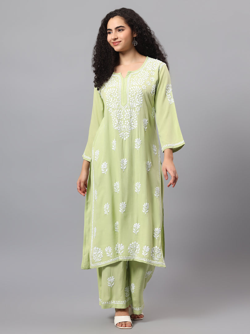 Seva Chikan Hand Embroidered Sage Green Rayon Lucknowi Chikankari Kurta Set SCL8062