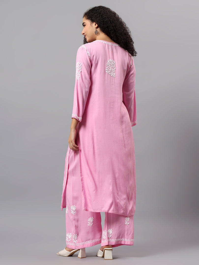 Seva Chikan Hand Embroidered Pink Rayon Lucknowi Chikankari Kurta Set SCL8063
