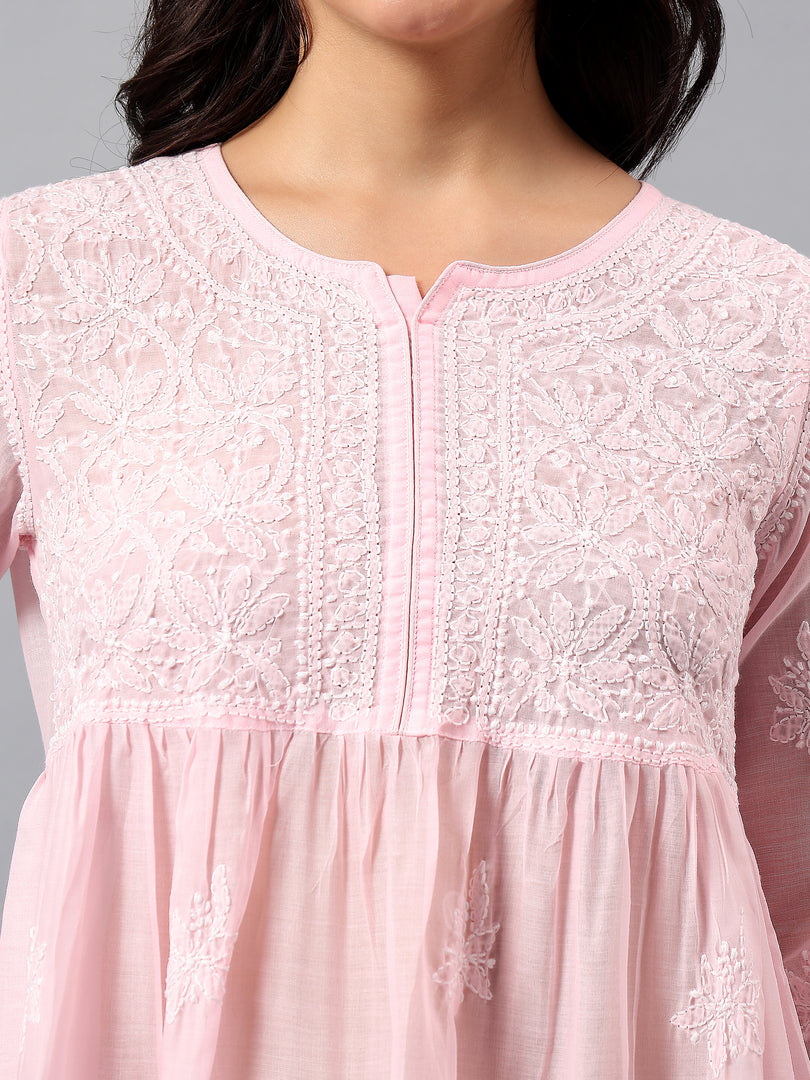 Seva Chikan Hand Embroidered Terivoil Cotton Lucknowi Chikan Pink Top SCL9241