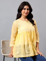 Load image into Gallery viewer, Seva Chikan Hand Embroidered Terivoil Cotton Lucknowi Chikan Yellow Top SCL9242