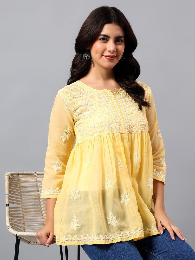 Seva Chikan Hand Embroidered Terivoil Cotton Lucknowi Chikan Yellow Top SCL9242