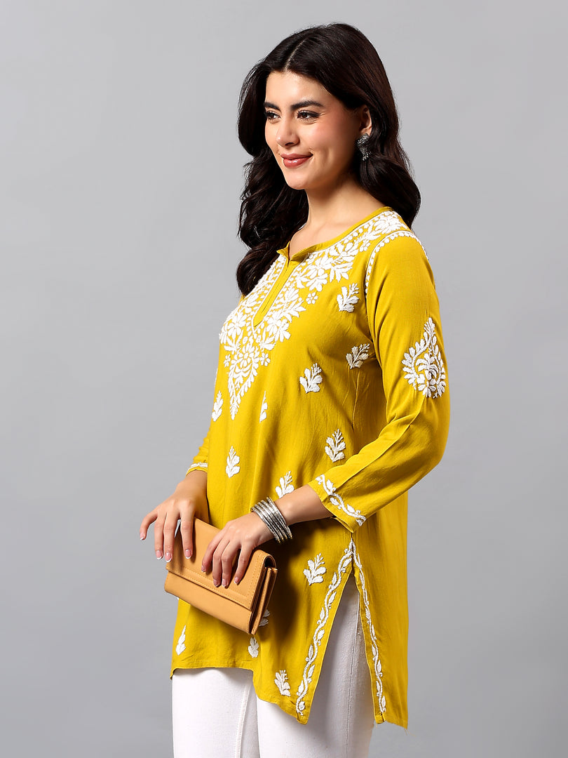 Seva Chikan Hand Embroidered Mehandi Green Rayon Lucknowi Chikan Top SCL9162