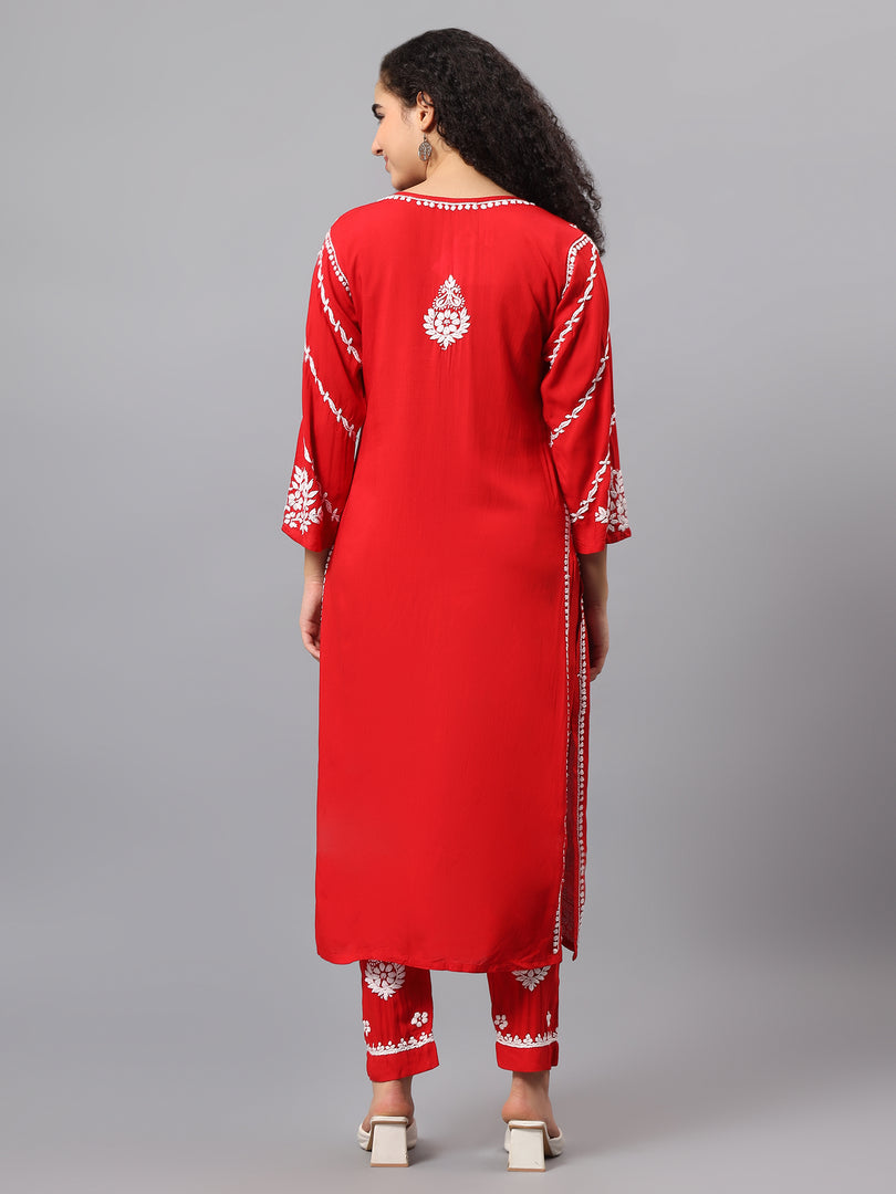 Seva Chikan Hand Embroidered Red Rayon Lucknowi Chikankari Kurta Set SCL8104
