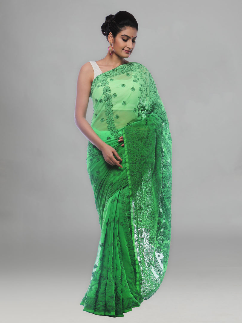 Seva Chikan Hand Embroidered Green Georgette Lucknowi Saree-SCL0381