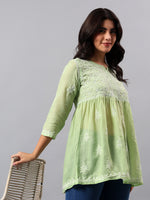Load image into Gallery viewer, Seva Chikan Hand Embroidered Terivoil Cotton Lucknowi Chikan Green Top SCL9240