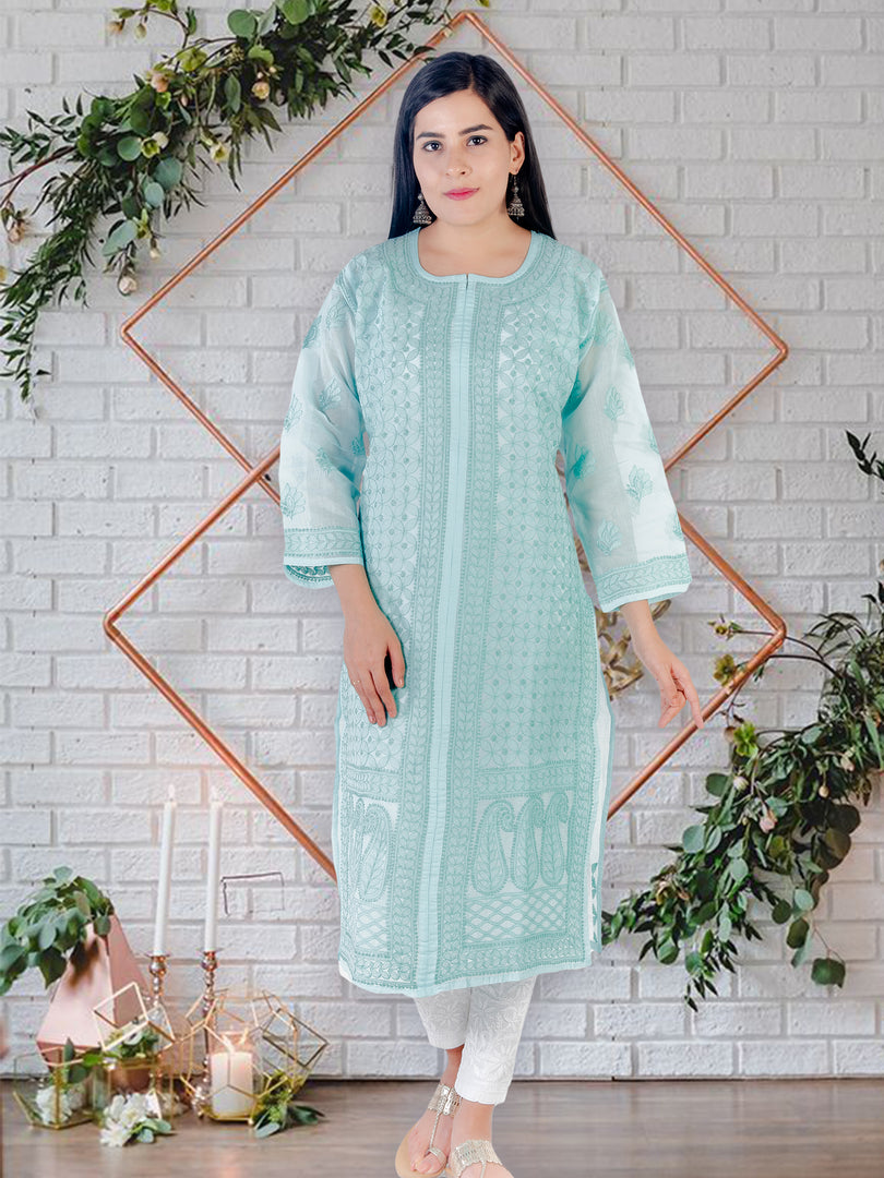 Seva Chikan Hand Embroidered Turquoise Cotton Luckowi Chikan Kurti SCL1213