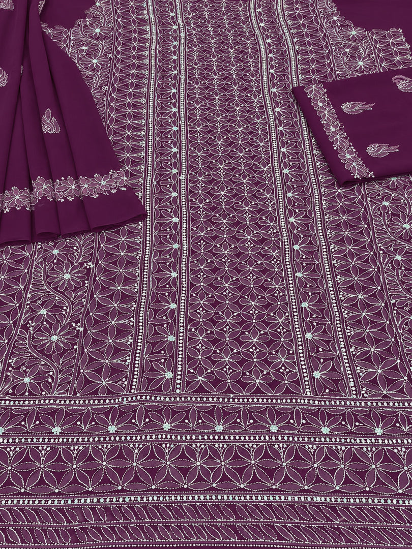 Seva Chikan Hand Embroidered Wine Georgette Lucknowi Chikankari Unstitched Suit Piece-SEV15058
