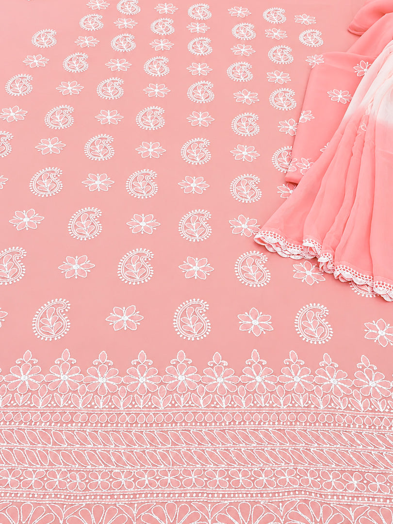 Seva Chikan Hand Embroidered Peach Cotton Lucknowi Chikankari Unstitched Suit Piece-SEV15050