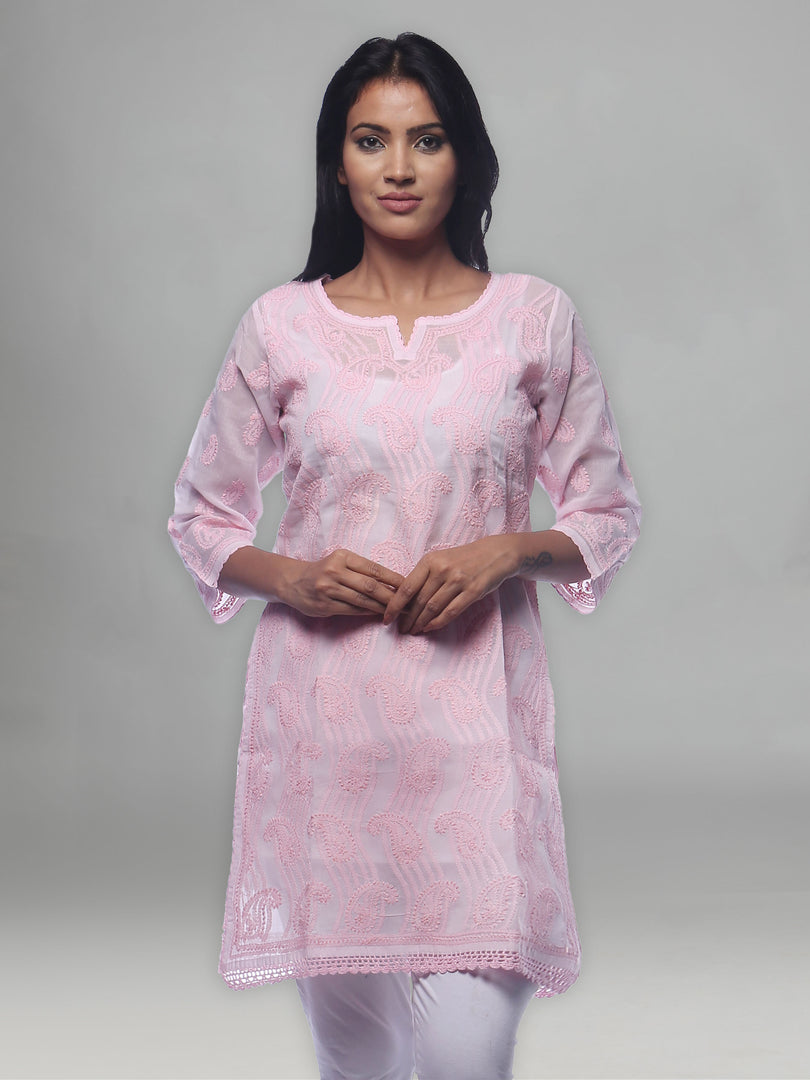 Seva Chikan Hand Embroidered Pink Cotton Lucknowi Chikan Kurti-SCL0324