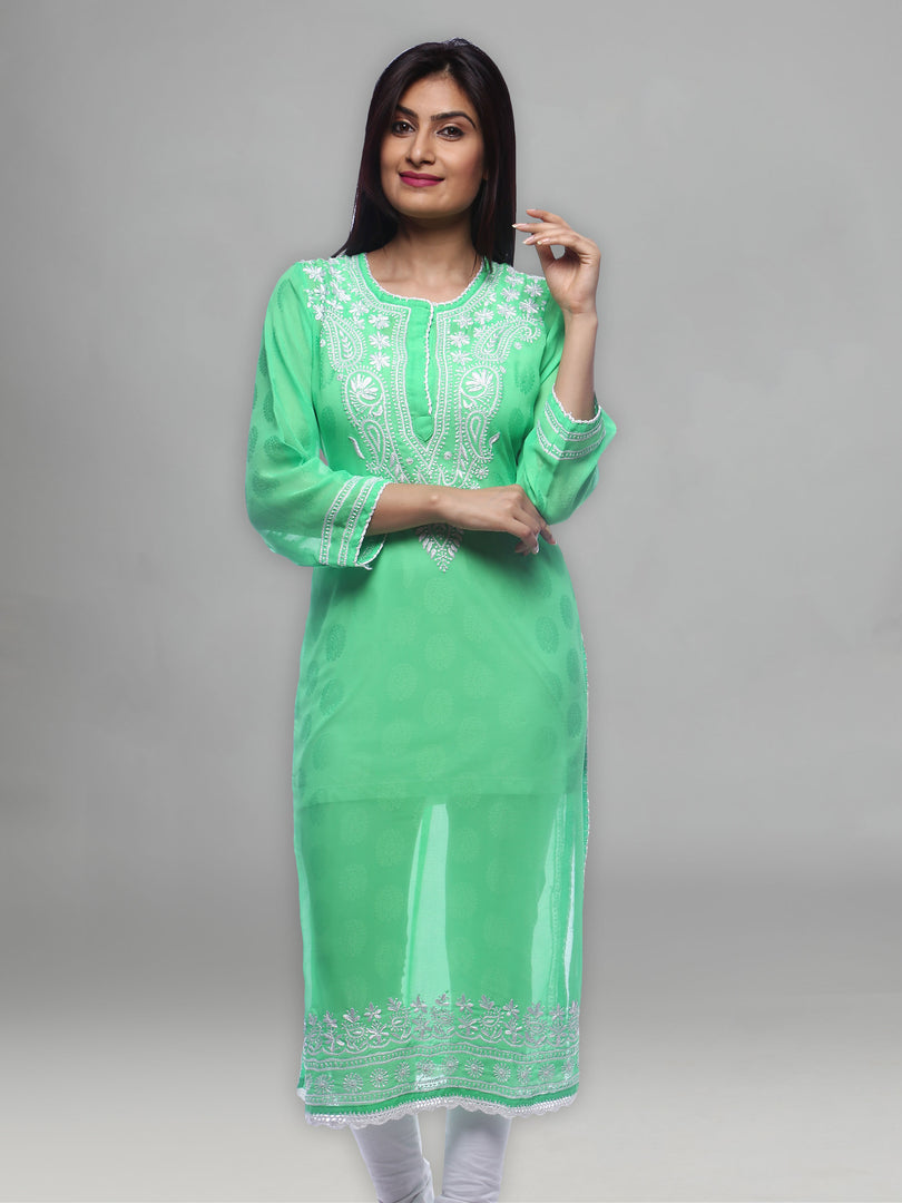 Seva Chikan Hand Embroidered Green Georgette Lucknowi Chikan Kurti-SCL0282