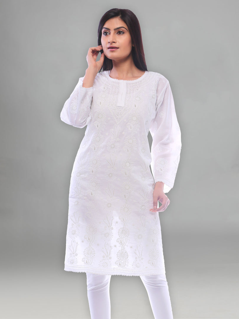 Seva Chikan Hand Embroidered White Cotton Lucknowi Chikan Kurti-SCL0224