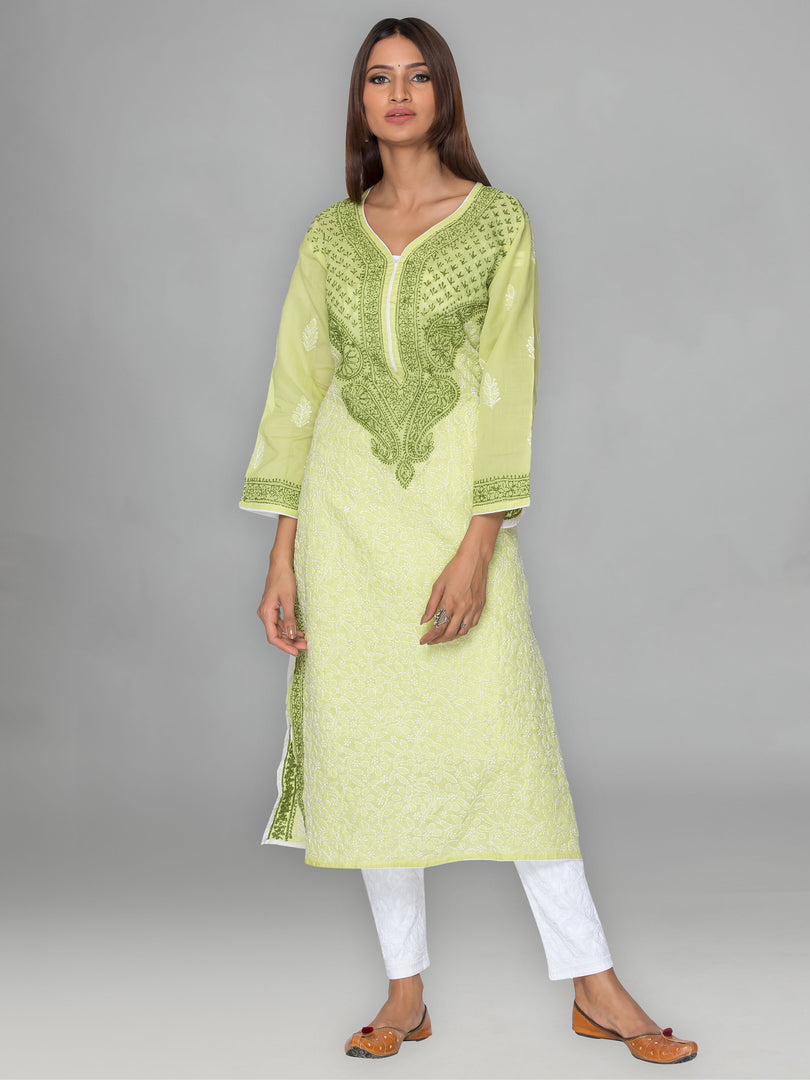 Seva Chikan Hand Embroidered Green Cotton Lucknowi Chikan Kurta-SCL0899