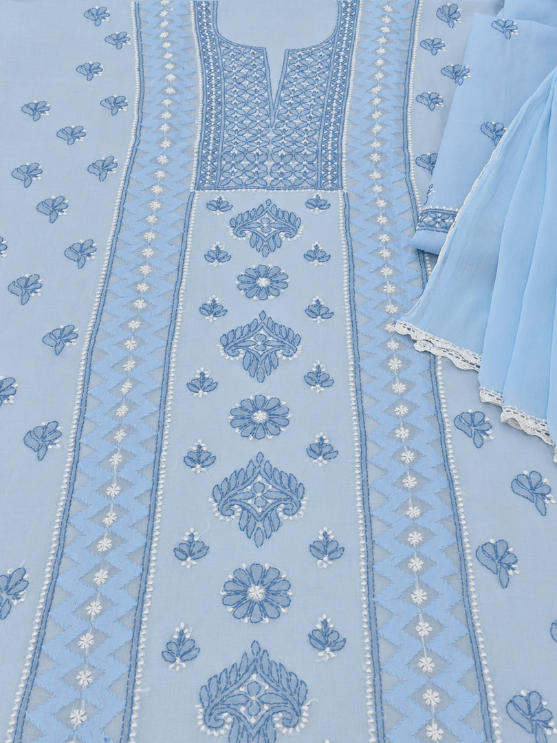 Seva Chikan Hand Embroidere Blue Terivoil Cotton Lucknowi Chikankari Unstitched Suit Piece-SEV15022