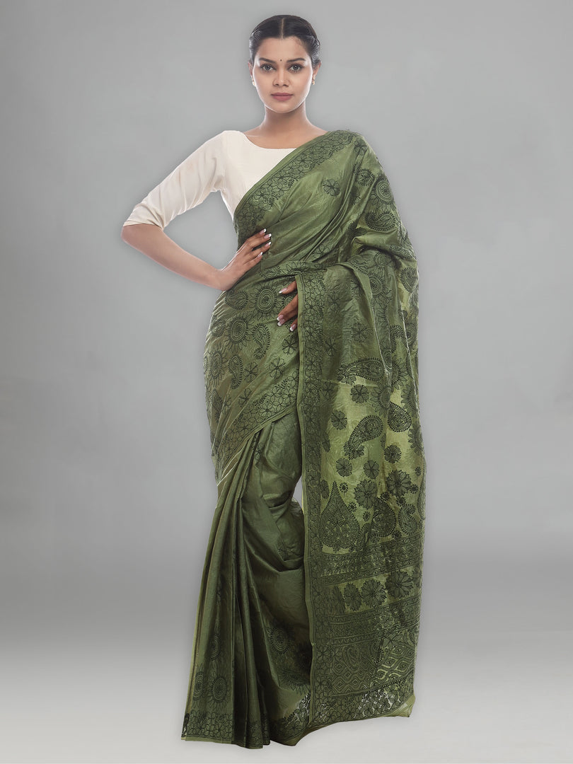 Seva Chikan Hand Embroidered Green Tusser Silk Lucknowi Saree-SCL2307