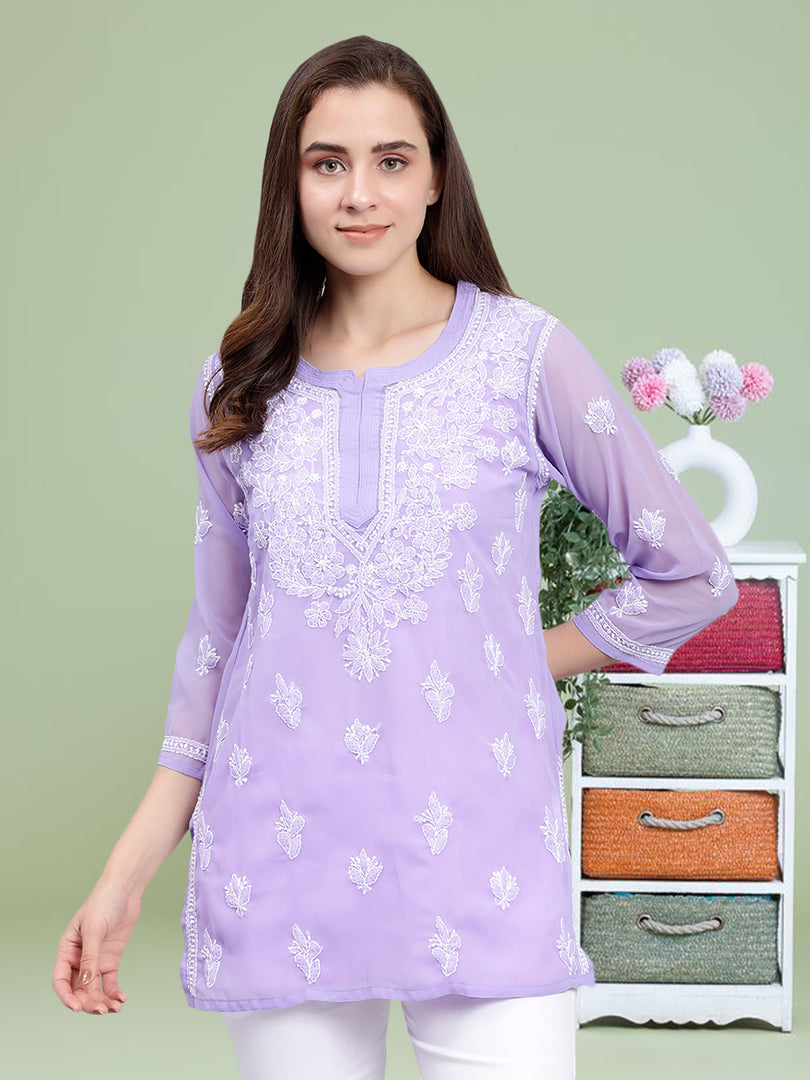 Seva Chikan Hand Embroidered Georgette Lucknowi Chikankari Top With Slip