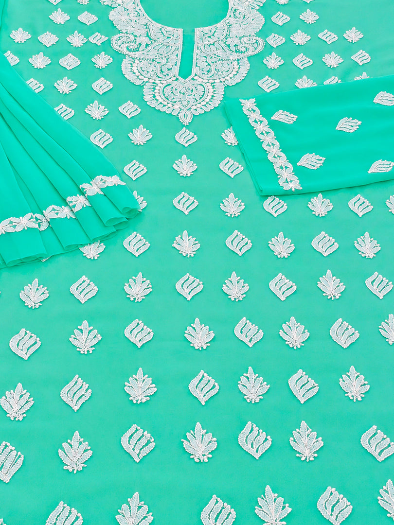 Seva Chikan Hand Embroidered Sea Green Georgette Lucknowi Chikankari Unstitched Suit Piece-SEV15045