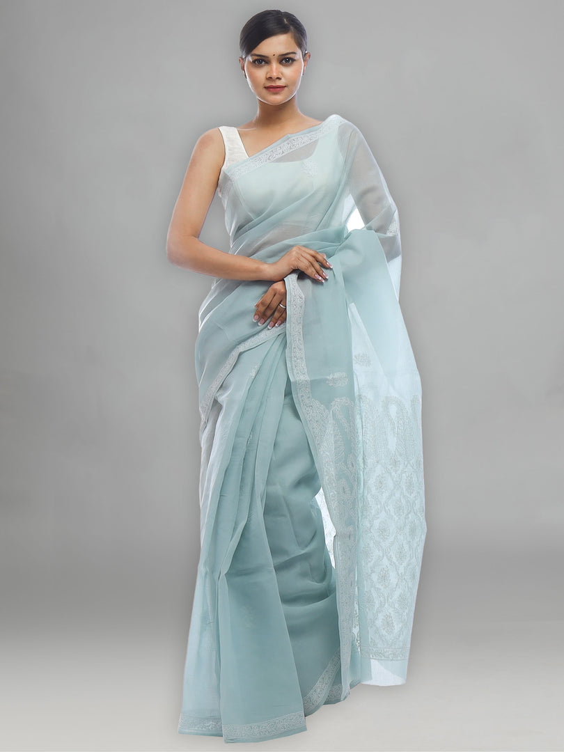 Seva Chikan Hand Embroidered Grey Cotton Lucknowi Saree-SCL2319