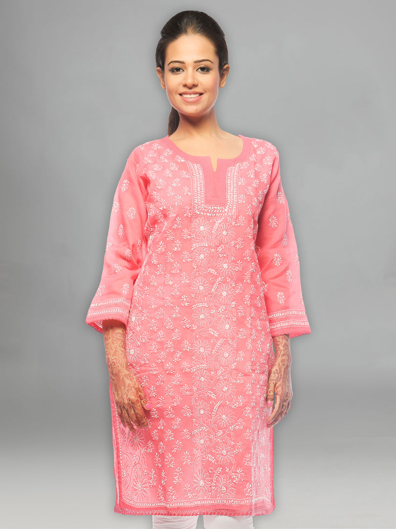 Seva Chikan Hand Embroidered Dark Pink Cotton Lucknowi Chikan Kurta-SCL0652