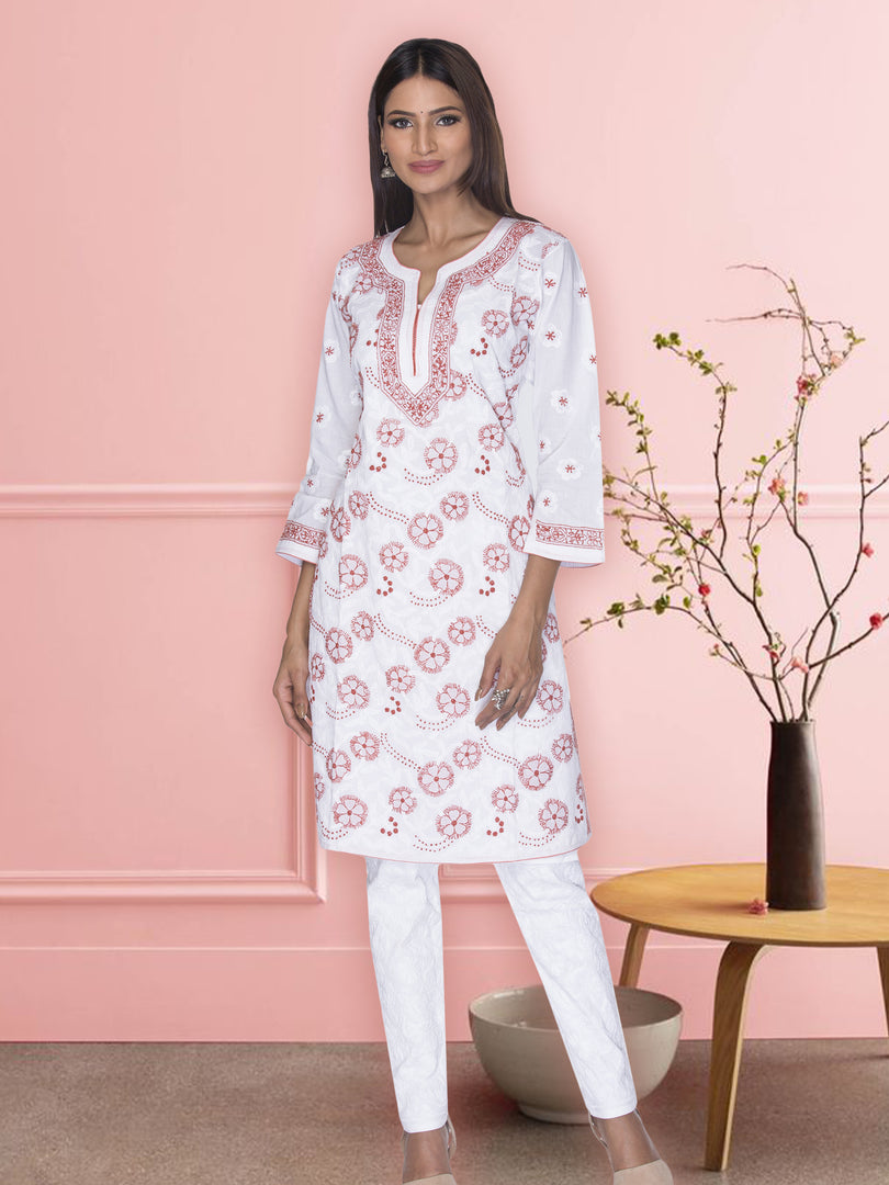 Seva Chikan Hand Embroidered White Cotton Lucknowi Chikan Kurti SCL1044