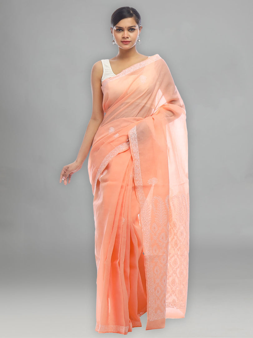 Seva Chikan Hand Embroidered Peach Cotton Lucknowi Saree-SCL2321