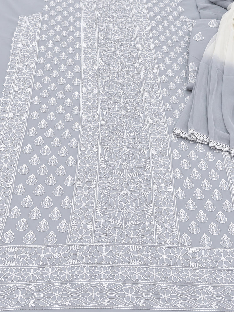 Seva Chikan Hand Embroidered Grey Cotton Lucknowi Chikankari Unstitched Suit Piece-SEV15039