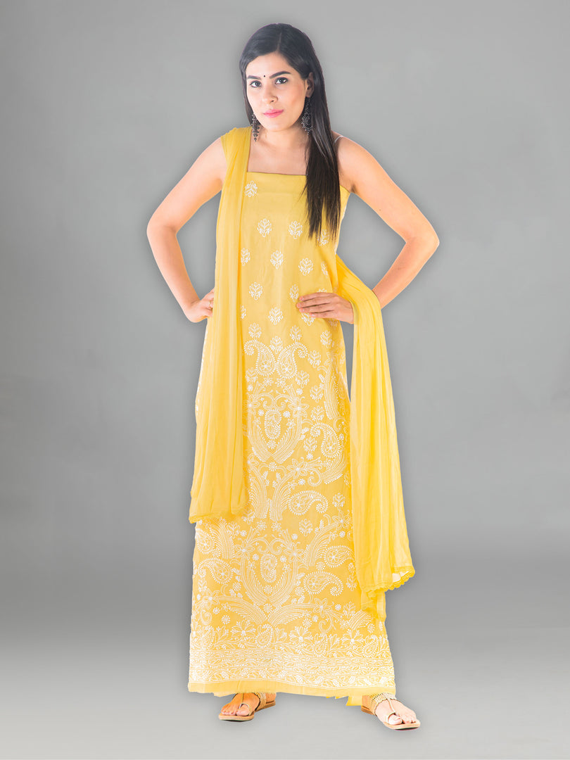 Seva Chikan Hand Embroidered Yellow Cotton Lucknowi Chikan Unstitched Suit Piece-SCL1428