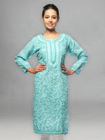 Load image into Gallery viewer, Seva Chikan Hand Embroidered Turquoise Cotton Lucknowi Chikan Kurta-SCL0657