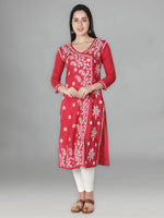 Load image into Gallery viewer, Seva Chikan Hand Embroidered Red Cotton Chikankari Angarkha Style Kurta