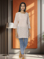 Load image into Gallery viewer, Seva Chikan Hand Embroidered Beige Cotton Lucknowi Chikan Short Kurti SCL1056
