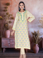 Load image into Gallery viewer, Seva Chikan Hand Embroidered Yellow Cotton Lucknowi Chikan Kurti SCL1006
