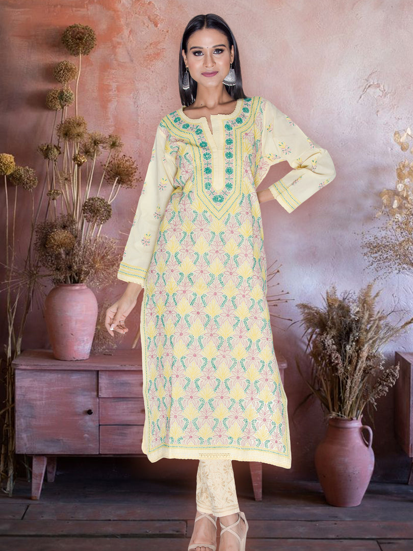 Seva Chikan Hand Embroidered Yellow Cotton Lucknowi Chikan Kurti SCL1006