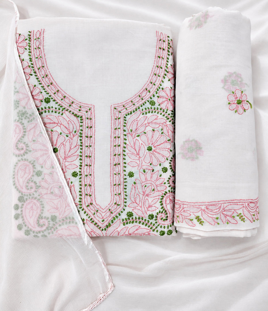 Seva Chikan Hand Embroidered Pink Cotton Lucknowi Chikankari Unstitched Suit Piece-SEV15000