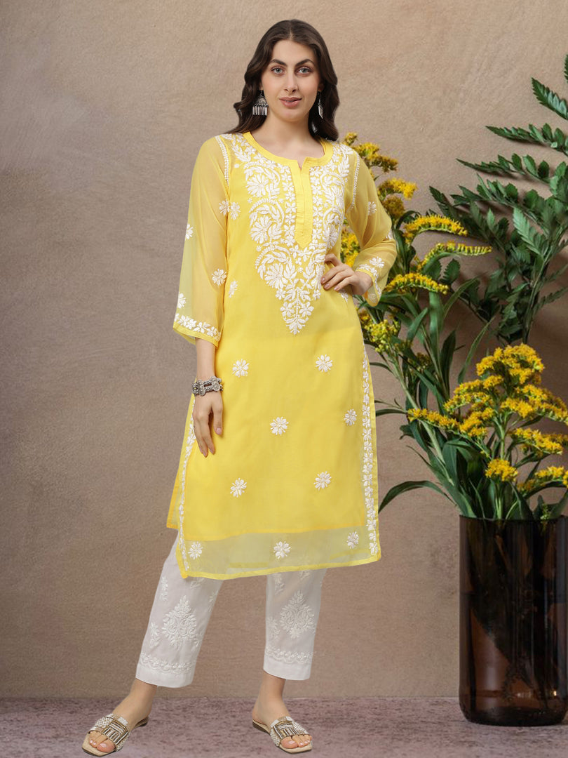 Seva Chikan Hand Embroidered Georgette Lucknowi Chikankari Kurta With Slip