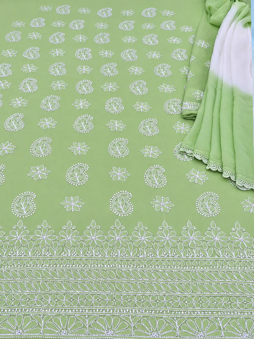 Seva Chikan Hand Embroidered Green Cotton Lucknowi Chikankari Unstitched Suit Piece-SEV15057