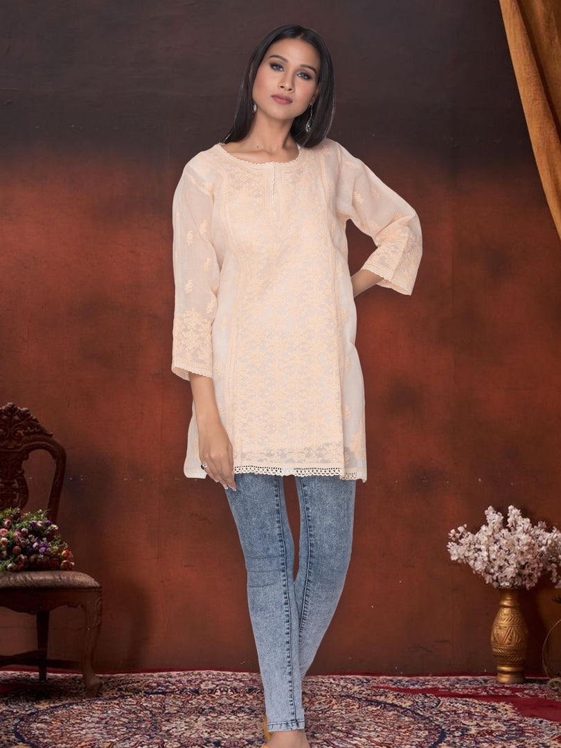 Seva Chikan Hand Embroidered Fawn Cotton Lucknowi Chikan Short Kurti SCL1055