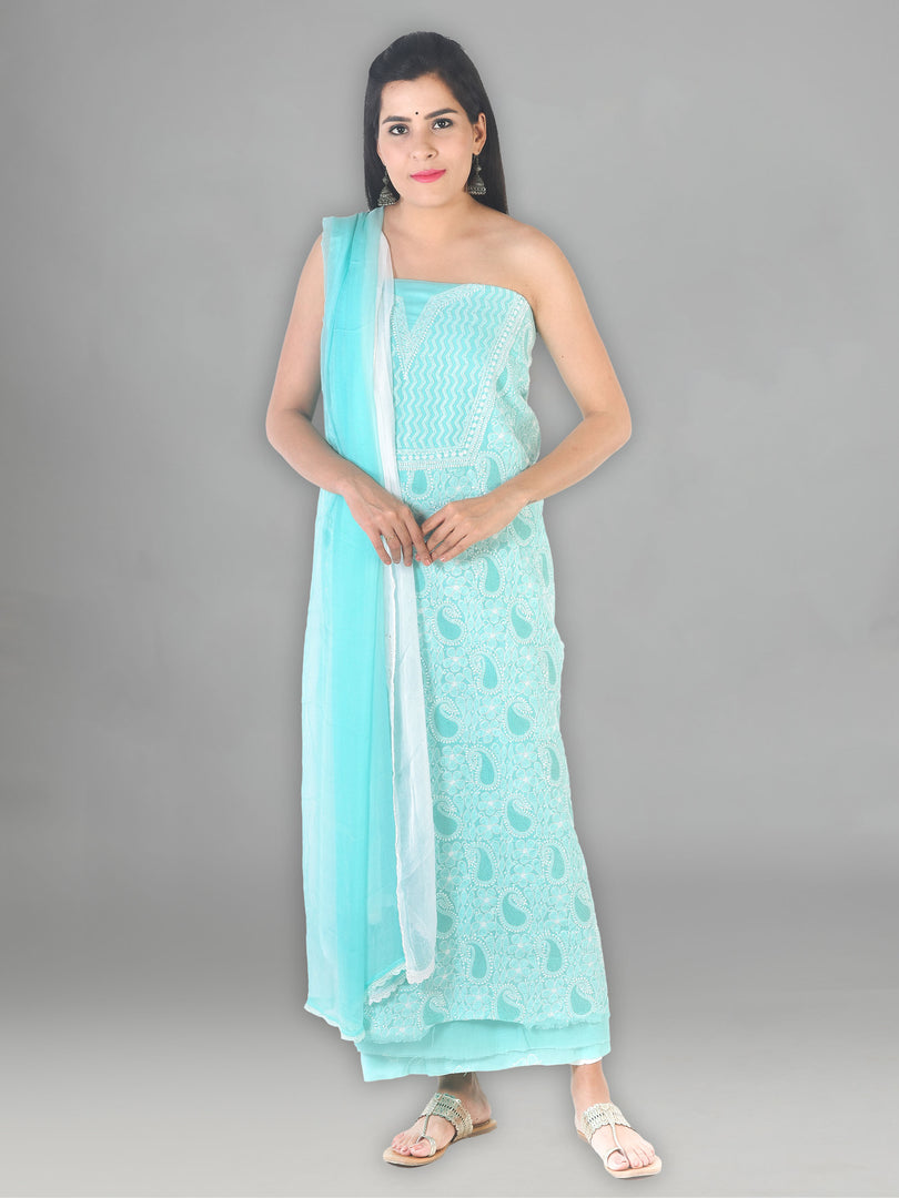 Seva Chikan Hand Embroidered Turquoise Cotton Lucknowi Chikan Unstitched Suit Piece-SCL1413