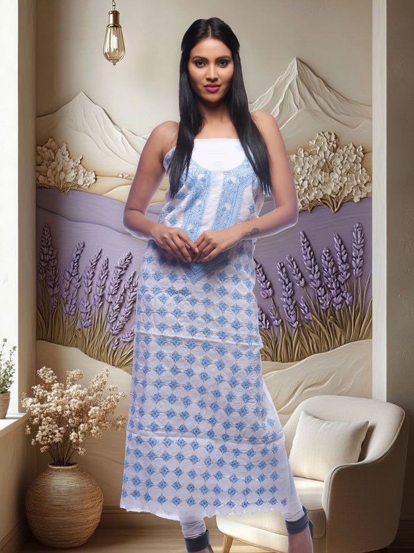 Seva Chikan Hand Embroidered White Cotton Lucknowi Chikan Unstitched Kurti Piece SCL0122