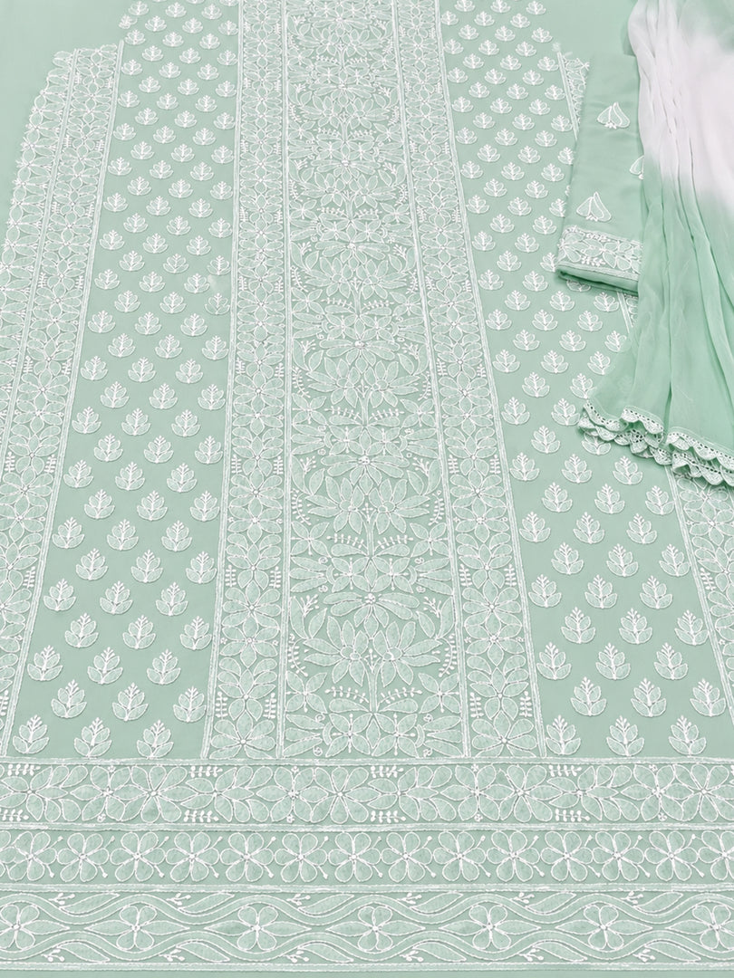 Seva Chikan Hand Embroidered Sea Green Cotton Lucknowi Chikankari Unstitched Suit Piece-SEV15037