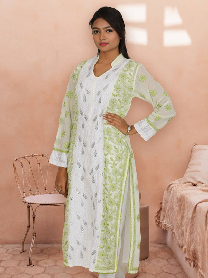 Seva Chikan Hand Embroidered White Cotton Lucknowi Chikan Kurti SCL0359