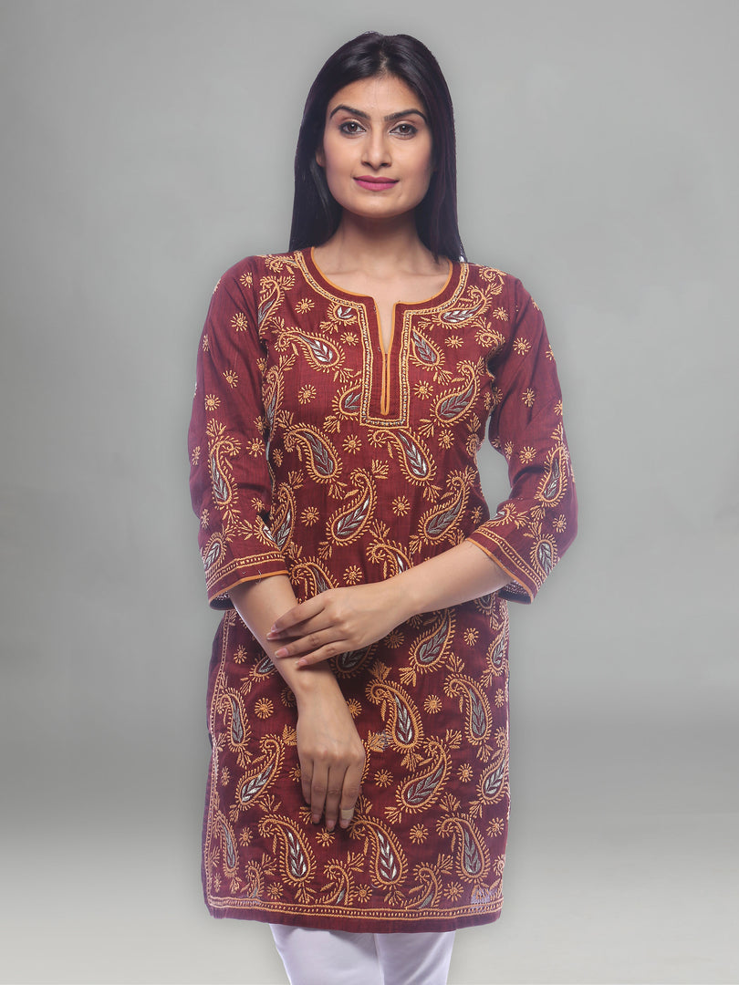 Seva Chikan Hand Embroidered Red Cotton Lucknowi Chikan Kurti-SCL0218