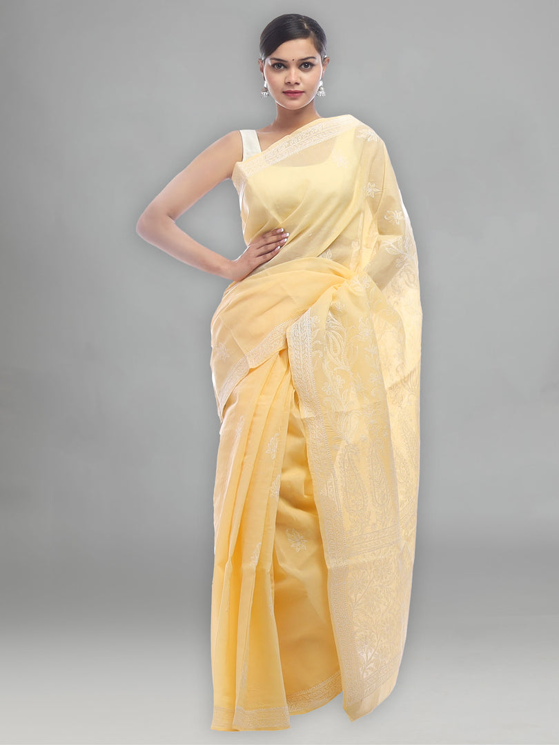 Seva Chikan Hand Embroidered Fawn Cotton Lucknowi Saree-SCL2327