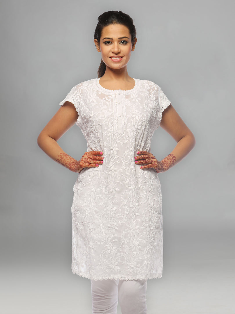 Seva Chikan Hand Embroidered White Cotton Lucknowi Chikan Kurta-SCL0675