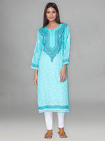Load image into Gallery viewer, Seva Chikan Hand Embroidered Sea Green Cotton Lucknowi Chikan Kurta-SCL0909