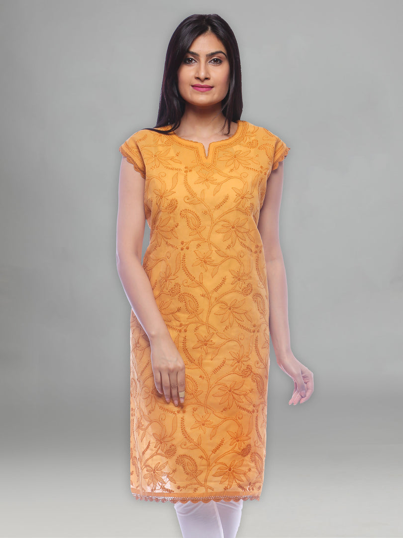 Seva Chikan Hand Embroidered Mustard Cotton Lucknowi Chikan Top-SCL0360