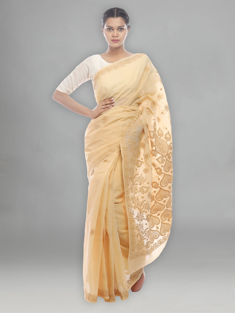 Seva Chikan Hand Embroidered Fawn Cotton Lucknowi Saree -SCL2478