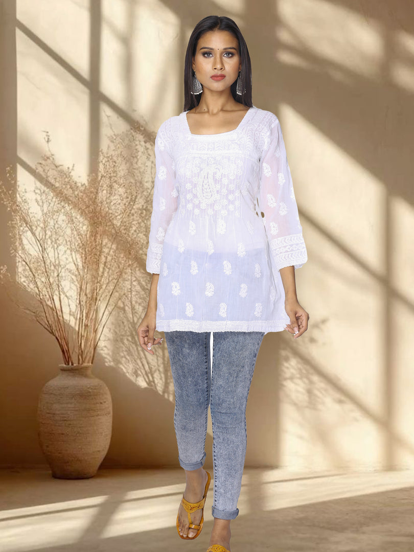 Seva Chikan Hand Embroidered White Cotton Lucknowi Chikan Short Kurti SCL1014