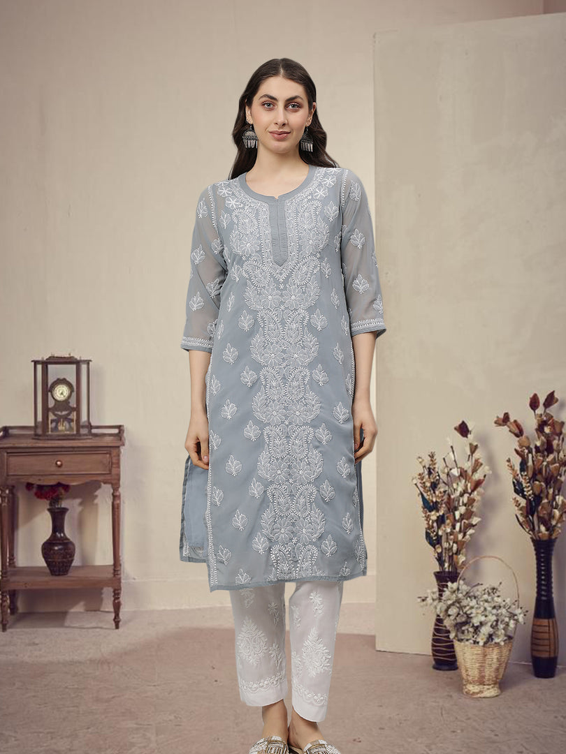 Seva Chikan Hand Embroidered Georgette Lucknowi Chikankari Kurta With Slip